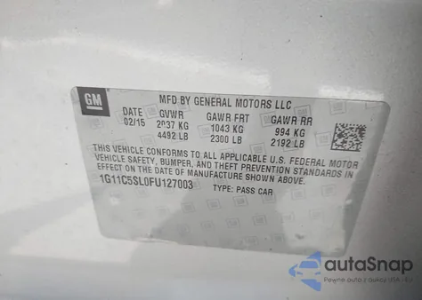 2015 Chevrolet Malibu 1Lt from USA, damaged, VIN 1G11C5SL0FU127003